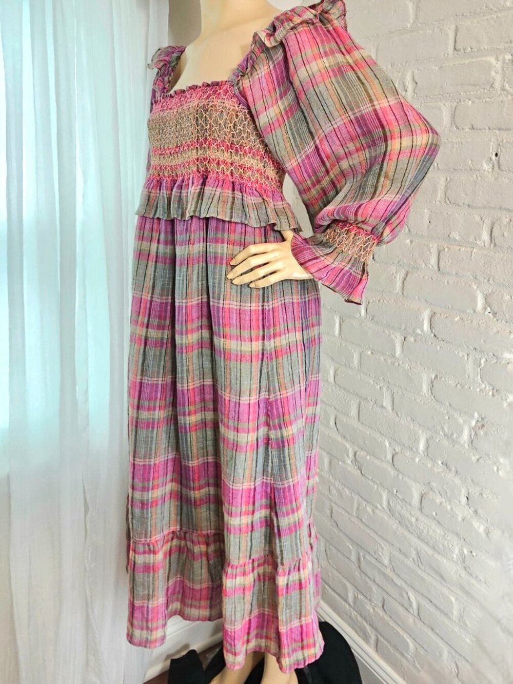 Frances Hart Pink Plaid Smocked Maxi Dress Size M Balloon Sleeve Maternity - Picture 5 of 6